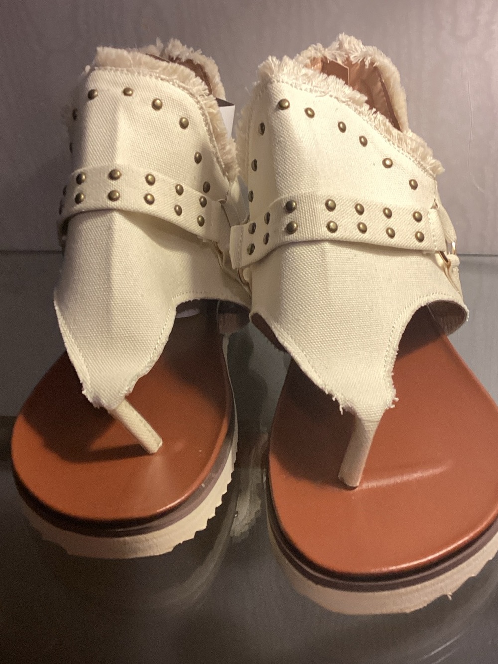 Canvas Studded Cream Toe-Post Sandals for Women 10.5